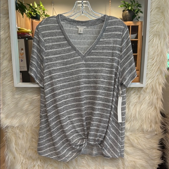 Caslon Gray Striped V-Neck T-Shirt - Picture 1 of 5